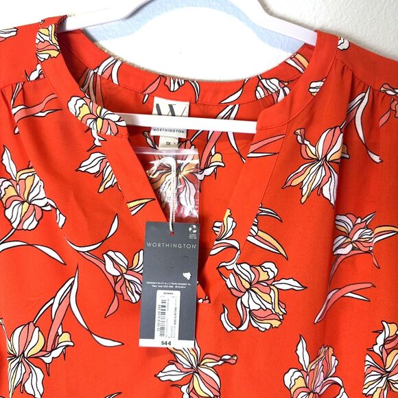Worthington Women's Size 1X Blouse Floral Orange 3/4 Sleeve Roll- Tab Chiffon - Picture 6 of 11